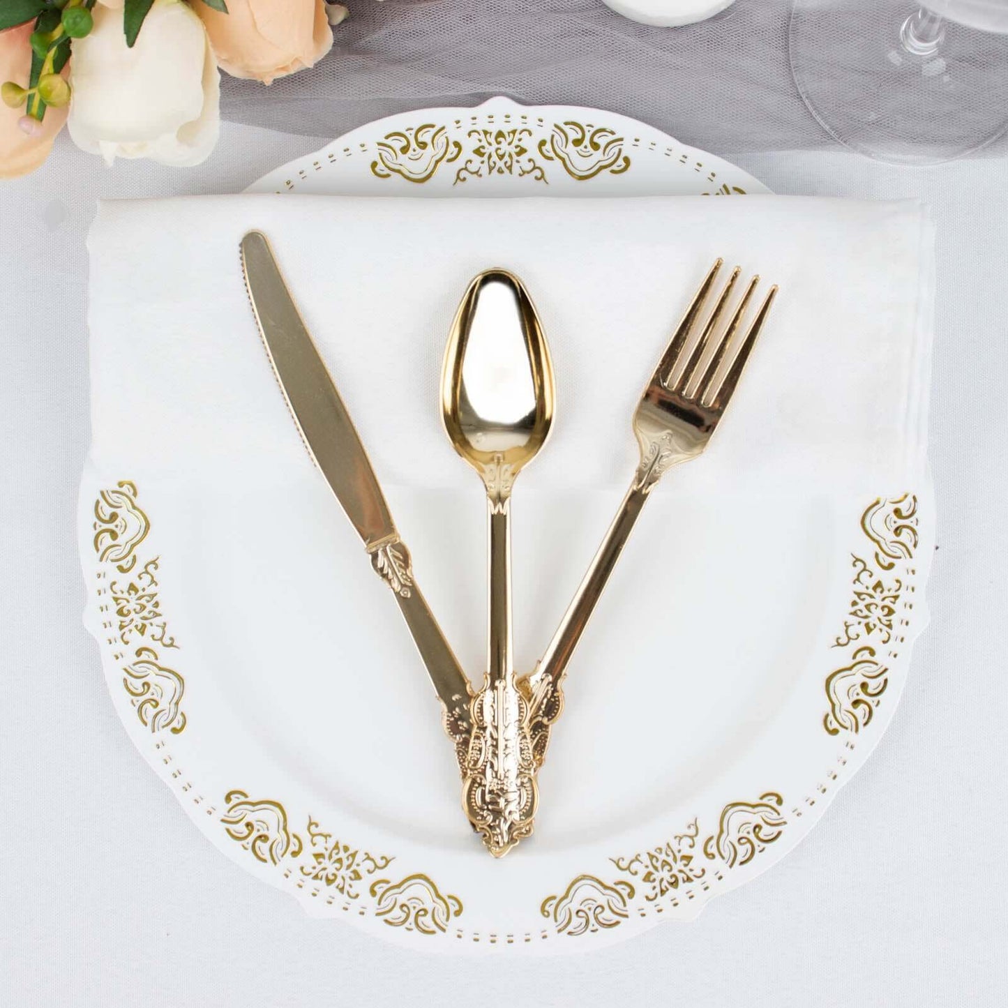 24 Pcs Plastic Silverware Set in Baroque Style Metallic Gold - Heavy Duty Disposable Knife, Fork, and Spoon Set - Linen Luxes