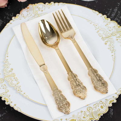 24 Pcs Plastic Silverware Set in Baroque Style Metallic Gold - Heavy Duty Disposable Knife, Fork, and Spoon Set - Linen Luxes