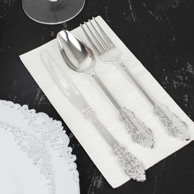24 Pcs Plastic Silverware Set in Baroque Style Metallic Silver - Heavy Duty Disposable Knife, Fork, and Spoon Set - Linen Luxes