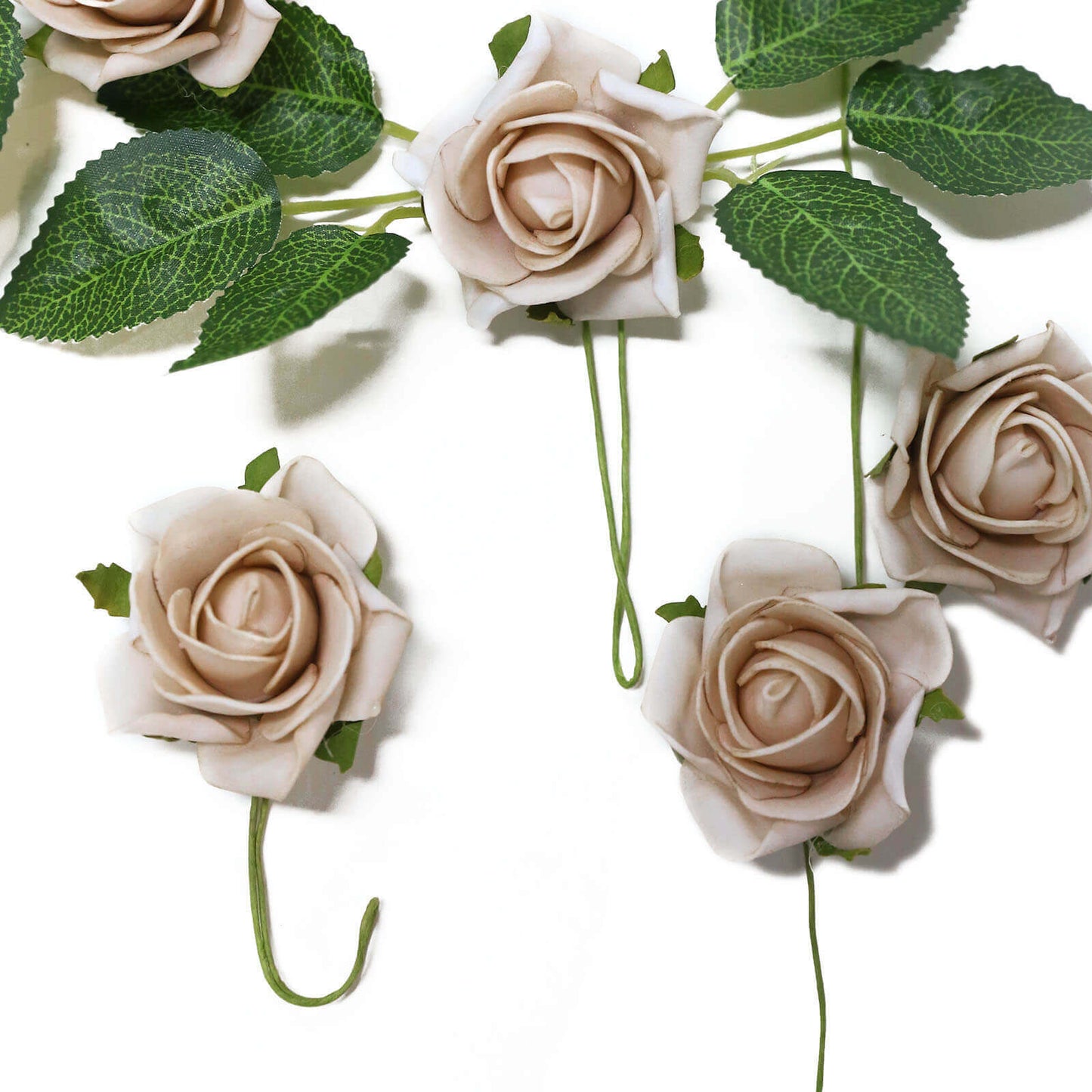 24 Roses 2" Champagne Artificial Foam Flowers With Stem Wire and Leaves - Linen Luxes