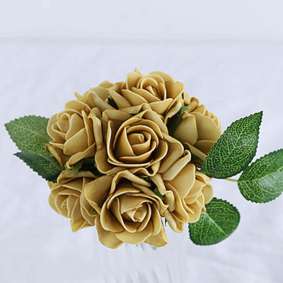 24 Roses 2" Gold Artificial Foam Flowers With Stem Wire and Leaves - Linen Luxes