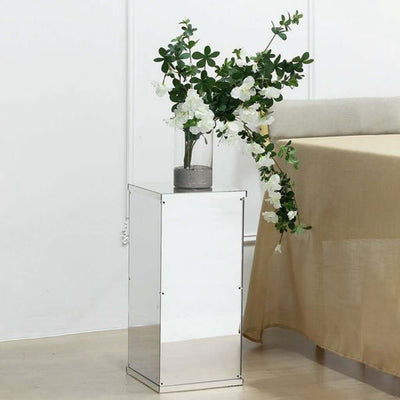 24" Silver Mirror Finish Acrylic Display Box, Pedestal Riser with Interchangeable Lid and Base - Linen Luxes