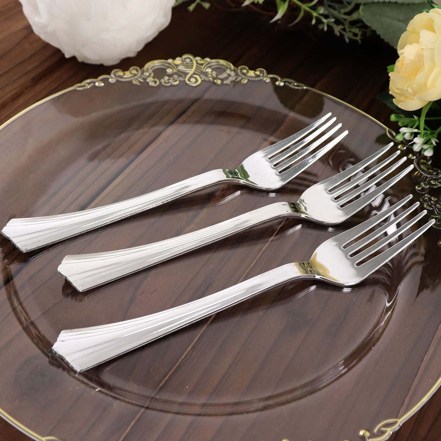 25 - Pack Plastic Forks Silver Heavy Duty with Fluted Handles - Durable Disposable Tableware 7" - Linen Luxes