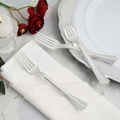 25 - Pack Plastic Forks Silver Heavy Duty with Fluted Handles - Durable Disposable Tableware 7" - Linen Luxes