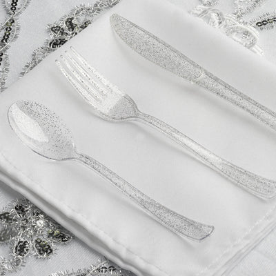 25 - Pack Plastic Spoons Clear Silver Glitter Classic Heavy Duty - Decorative Disposable Tableware 7" - Linen Luxes