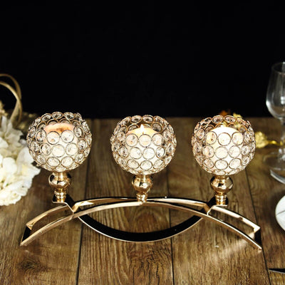 3 - Arm Arch Bridge Candelabra Gold with Crystal Beads - Chic Table Centerpiece for Events 16" - Linen Luxes
