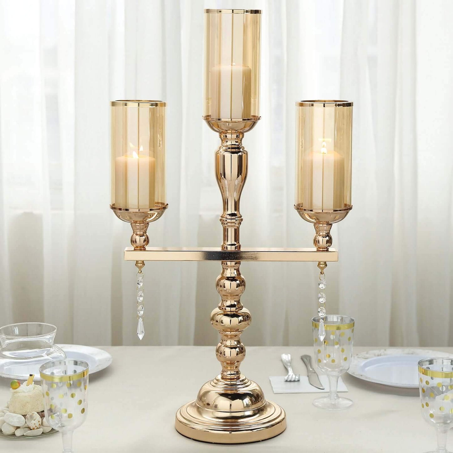 3 - Arm Gold Candelabra Metal with Amber Glass Shades - Stylish Table Centerpiece for Gatherings - Linen Luxes