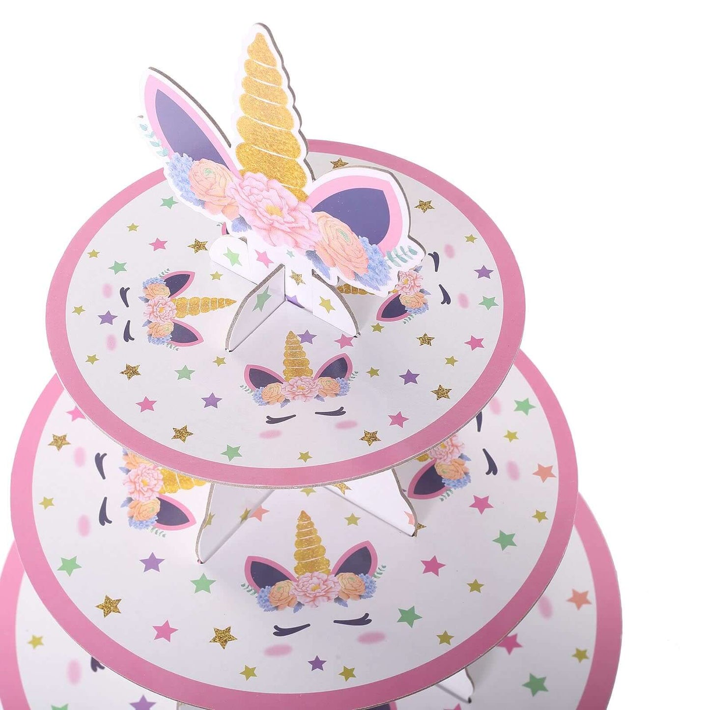 3 - Tier Cardboard Cupcake Dessert Stand - Stable Treat Tower Display Holder for Unicorn Themed Girls Birthday Baby Shower Party Decor 15" - Linen Luxes