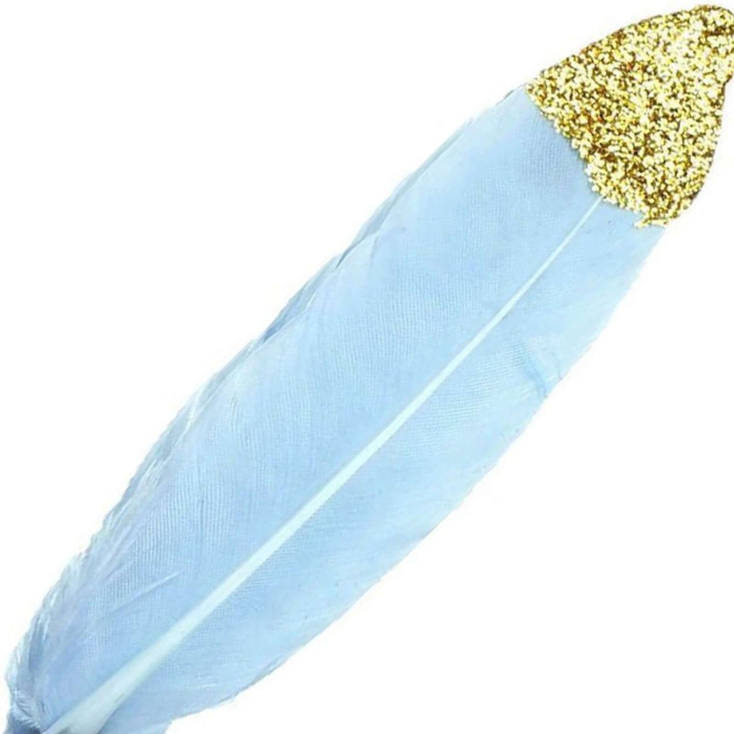 30 - Pack Turkey Feathers Craft Feathers Glitter Gold Tip Light Blue - Decorative Feathers for DIY Party Projects - Linen Luxes