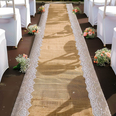 30ft Natural Jute Burlap Aisle Runner with White Floral Lace Borders - Linen Luxes