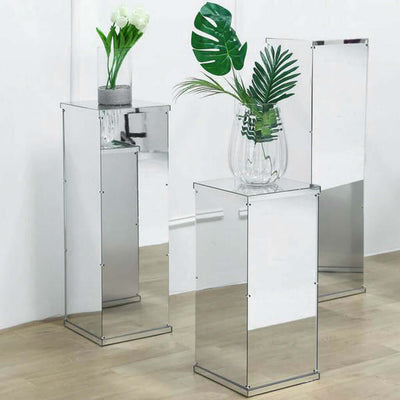 32" Silver Mirror Finish Acrylic Display Box, Pedestal Riser with Interchangeable Lid and Base - Linen Luxes