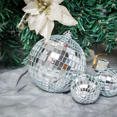 4 Pack 4" Silver Foam Disco Mirror Ball With Hanging Strings, Holiday Christmas Ornaments - Linen Luxes