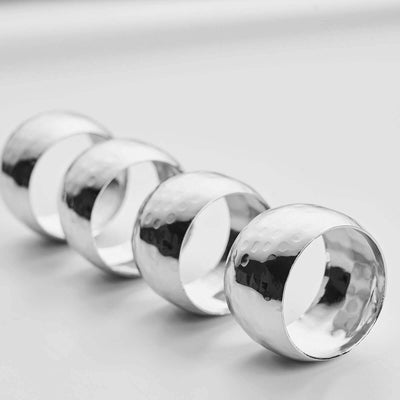 4 Pack Metallic Silver Hammered Pattern Metal Napkin Rings - Linen Luxes