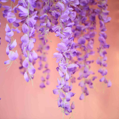 42" Silk Hanging Wisteria Flower Garland Vines in Lavender Lilac, Elaborated 5 Full Strands in 1 Bush - Linen Luxes