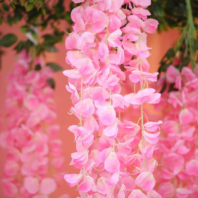 42" Silk Hanging Wisteria Flower Garland Vines in Pink, Elaborated 5 Full Strands in 1 Bush - Linen Luxes