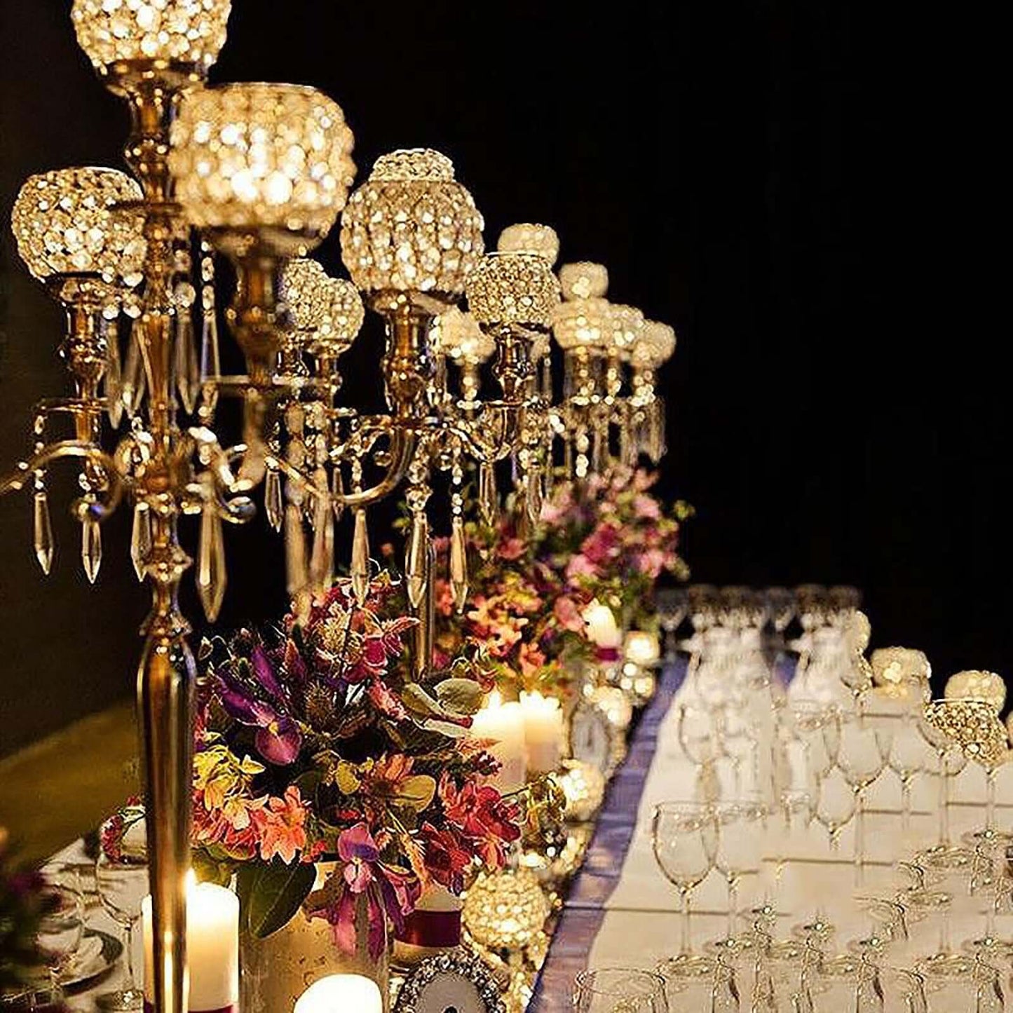 5 - Arm Crystal Beaded Globe Candelabra Gold Metal - Chic Candle Holder Table Centerpiece for Gatherings 25" - Linen Luxes