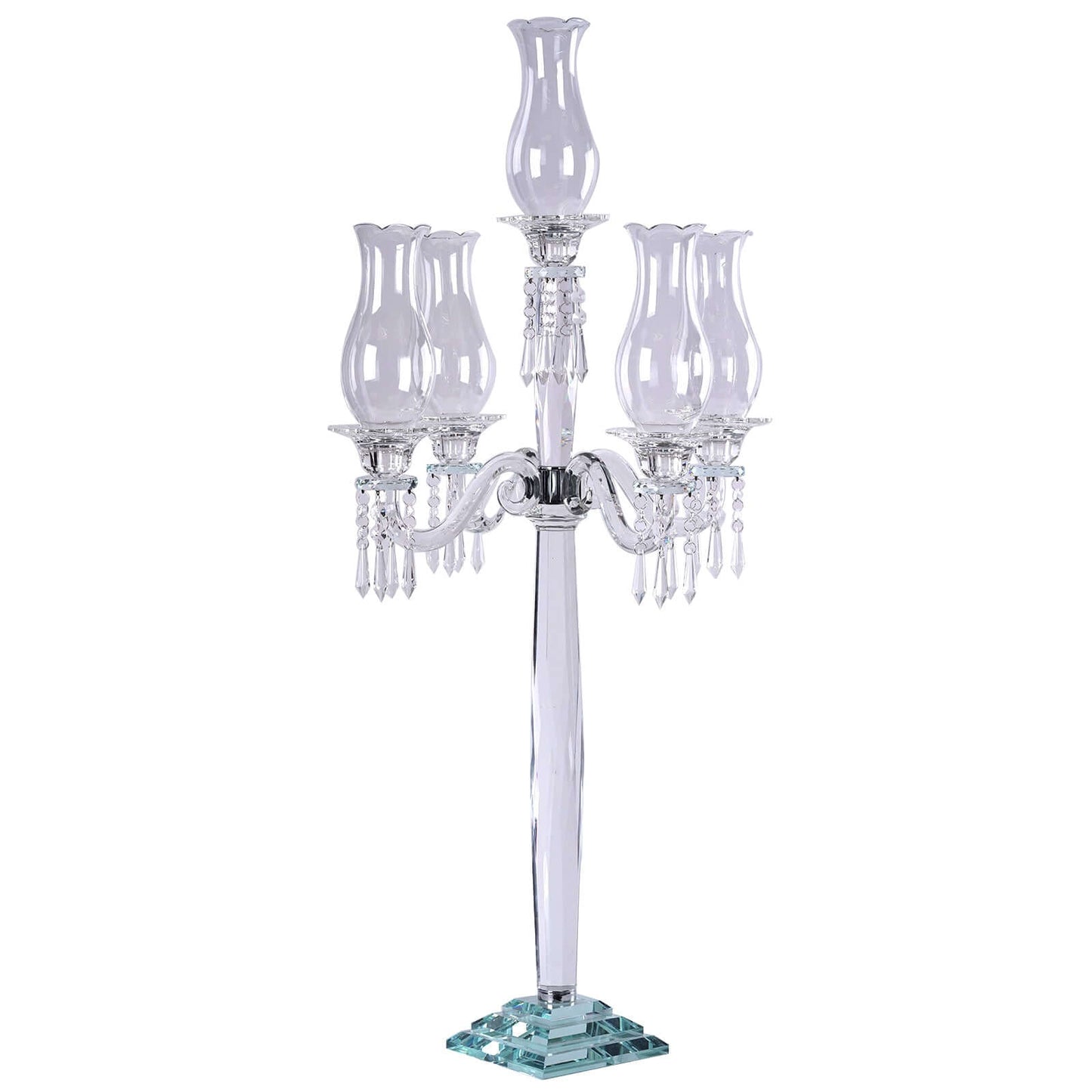 5 Arm Crystal Glass Taper Candle Holder Candelabra, Luxurious Table Centerpiece With Chandelier Chains 40" - Linen Luxes