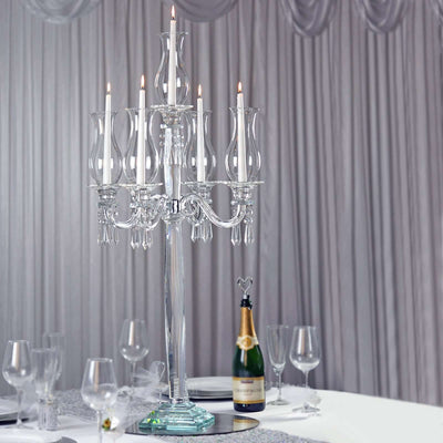 5 Arm Crystal Glass Taper Candle Holder Candelabra, Luxurious Table Centerpiece With Chandelier Chains 40" - Linen Luxes