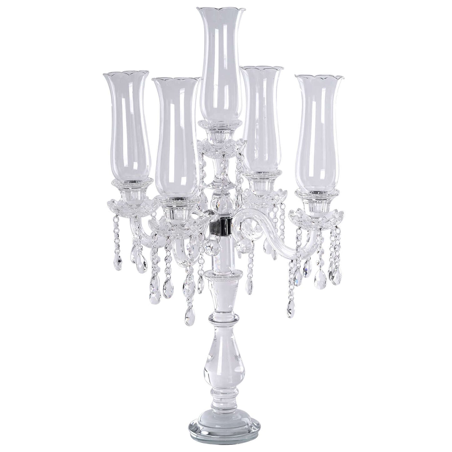 5 Arm Crystal Glass Taper Candle Holder Candelabra, Stylish Table Centerpiece With Chandelier Chains 32" - Linen Luxes