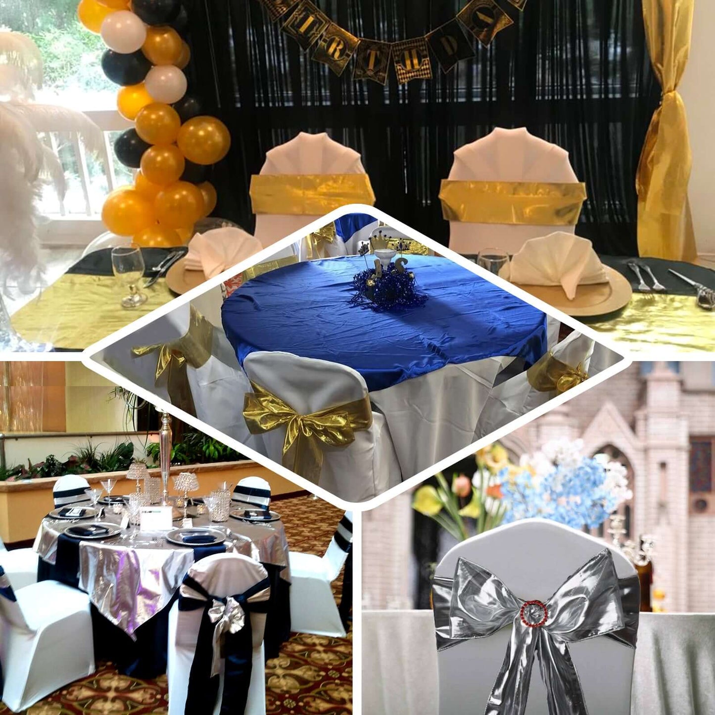 5 Pack Metallic Polyester Lame Chair Sashes with Shiny Gold Foil Finish - Dazzling Chair Decor for Weddings, Parties & Events 6"x108" - Linen Luxes