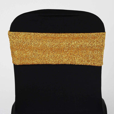 5 Pack Metallic Shimmer Tinsel Spandex Chair Sashes Gold - Durable and Reusable Stretch Chair Bands for Dazzling Event & Party Decor - Linen Luxes