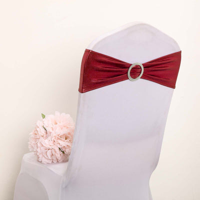 5 Pack Metallic Spandex Chair Sashes Burgundy - Stretch Fit Chair Bands With Round Diamond Buckles - Linen Luxes