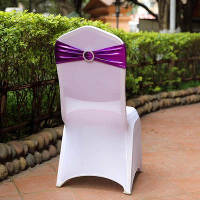 5 Pack Metallic Spandex Chair Sashes Purple - Stretch Fit Chair Bands With Round Diamond Buckles - Linen Luxes