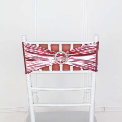 5 Pack Metallic Spandex Chair Sashes Rose Gold - Stretch Fit Chair Bands With Round Diamond Buckles - Linen Luxes