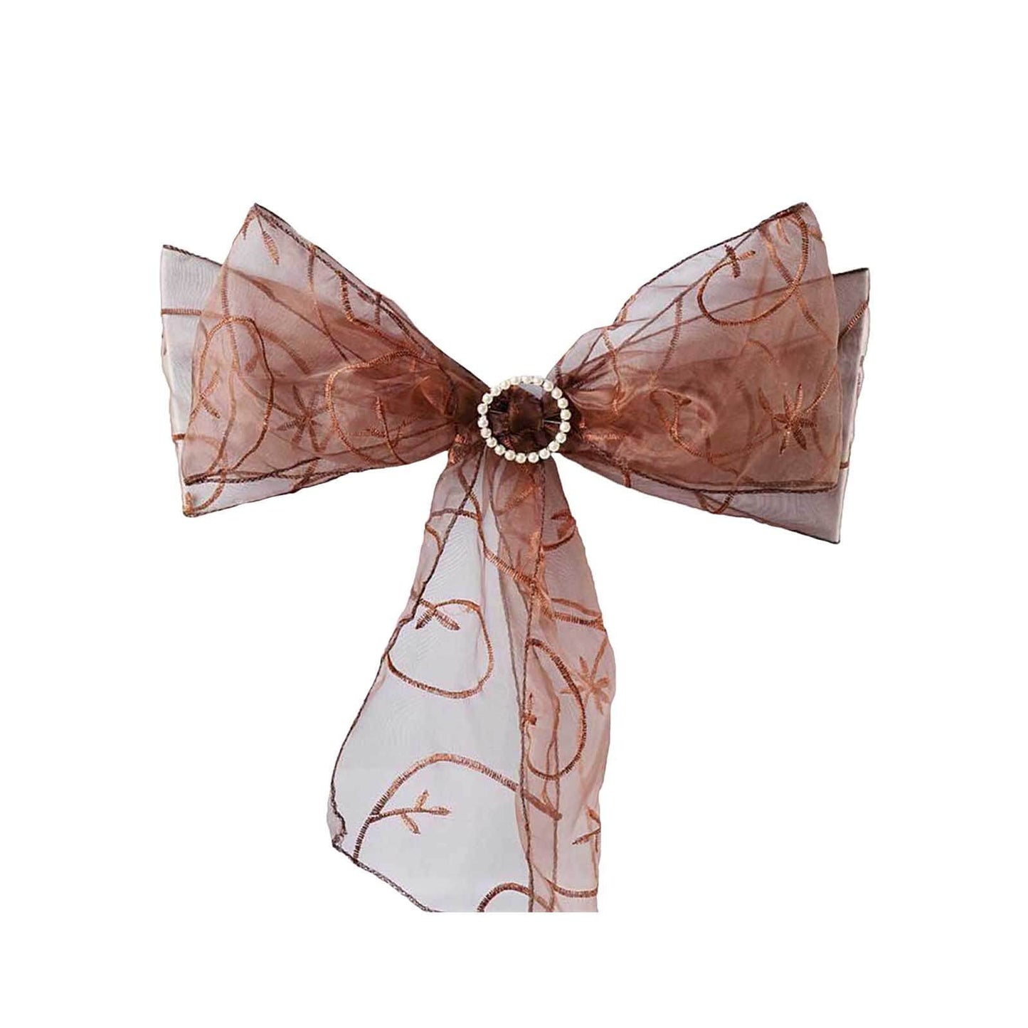 5 Pack Organza Chair Sashes with Satin Leaf Embroidery Chocolate - Reusable Sheer Design 7"x108" - Linen Luxes