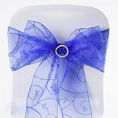 5 Pack Organza Chair Sashes with Satin Leaf Embroidery Royal Blue - Reusable Sheer Design 7"x108" - Linen Luxes