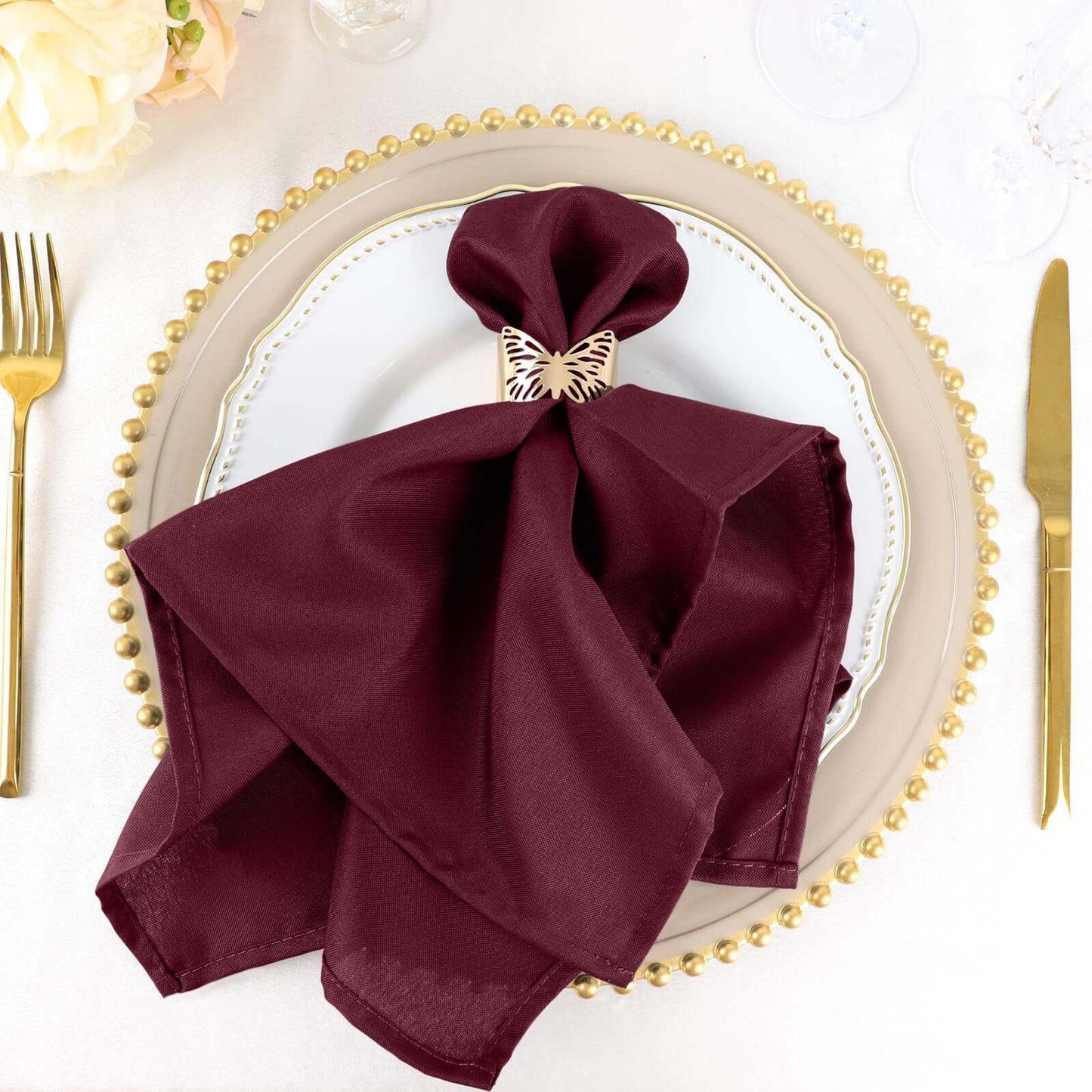 5 Pack Polyester 20"x20" Napkins Burgundy - Wrinkle Resistant & Easy Care Cloth Napkins - Linen Luxes