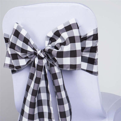 5 Pack Polyester Chair Sashes Black/White Buffalo Plaid - Durable & Reusable Chair Bows for Rustic Farmhouse Party Decor 6"x108" - Linen Luxes
