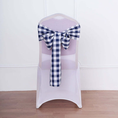 5 Pack Polyester Chair Sashes Navy Blue/White Buffalo Plaid - Durable & Reusable Chair Bows 6"x108" - Linen Luxes