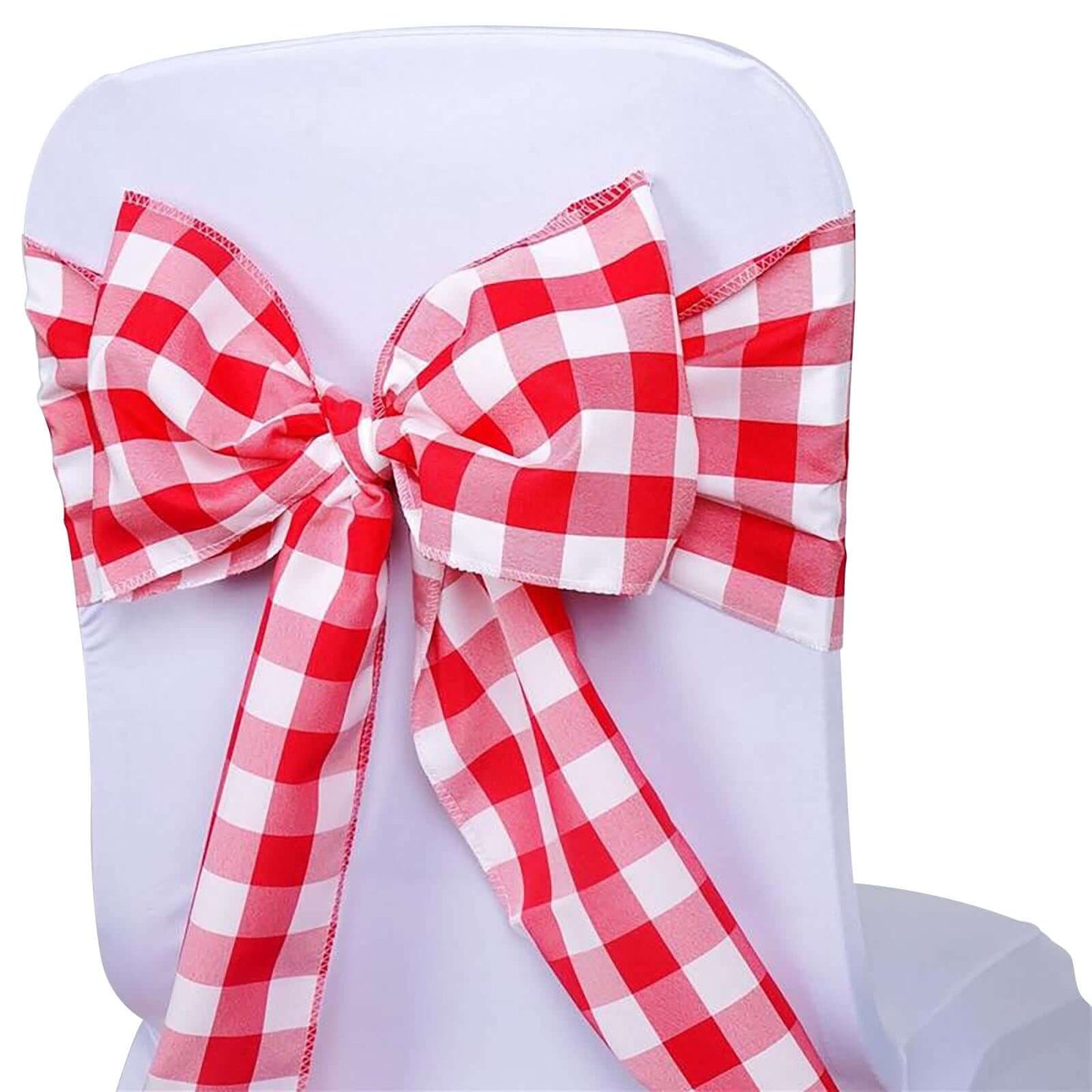 5 Pack Polyester Chair Sashes Red/White Buffalo Plaid - Durable & Reusable Chair Bows 6"x108" - Linen Luxes