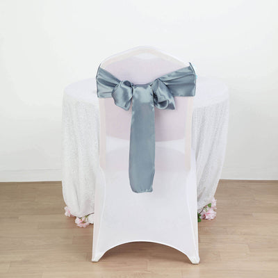 5 Pack Satin Chair Sashes Dusty Blue - Durable Chair Bows with Shiny Finish 6"x106" - Linen Luxes