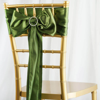 5 Pack Satin Chair Sashes Olive Green - Durable Chair Bows with Shiny Finish 6"x106" - Linen Luxes