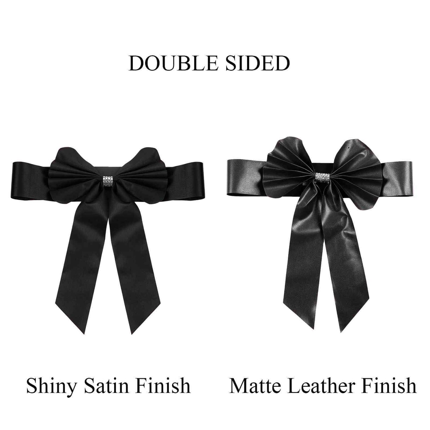 5 Pack Satin Faux Leather Chair Sashes Black - Durable Double Sided Pre - tied Bow Tie Chair Bands with Diamond Rhinestone Buckles Luxurious Party Decor - Linen Luxes