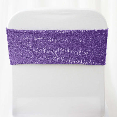5 Pack Sequin Spandex Chair Sashes Purple - Stretch Chair Bands 6"x15" - Linen Luxes