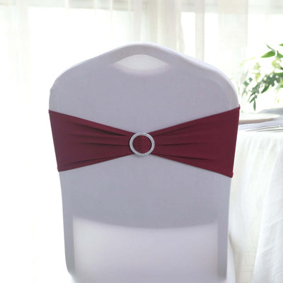 5 Pack Stretch Spandex Chair Sashes Burgundy - Reusable Chair Bands with Silver Diamond Ring Slide Buckle 5"x14" - Linen Luxes