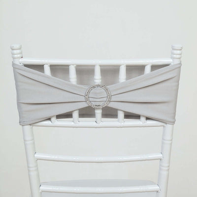 5 Pack Stretch Spandex Chair Sashes Silver - Reusable Chair Bands with Silver Diamond Ring Slide Buckle 5"x14" - Linen Luxes