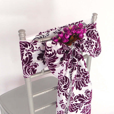 5 Pack Taffeta Damask Chair Sashes White with Eggplant Flocking Design 6"x108" - Linen Luxes