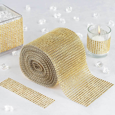 5"x10 Yards Shiny Gold Diamond Rhinestone Ribbon Wrap Roll, DIY Craft Decor - Linen Luxes