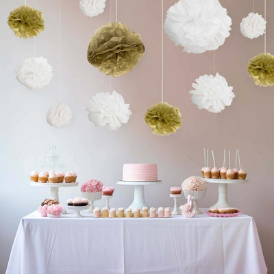 6 Pack 8" White Tissue Paper Pom Poms Flower Balls, Ceiling Wall Hanging Decorations - Linen Luxes