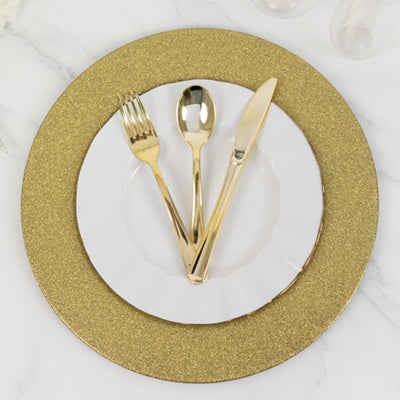 6 - Pack Acrylic Plastic Round Charger Plates 13" in Gold with Dust Free Glitter Finish, Decorative Dinner Party Charger Tableware - Linen Luxes