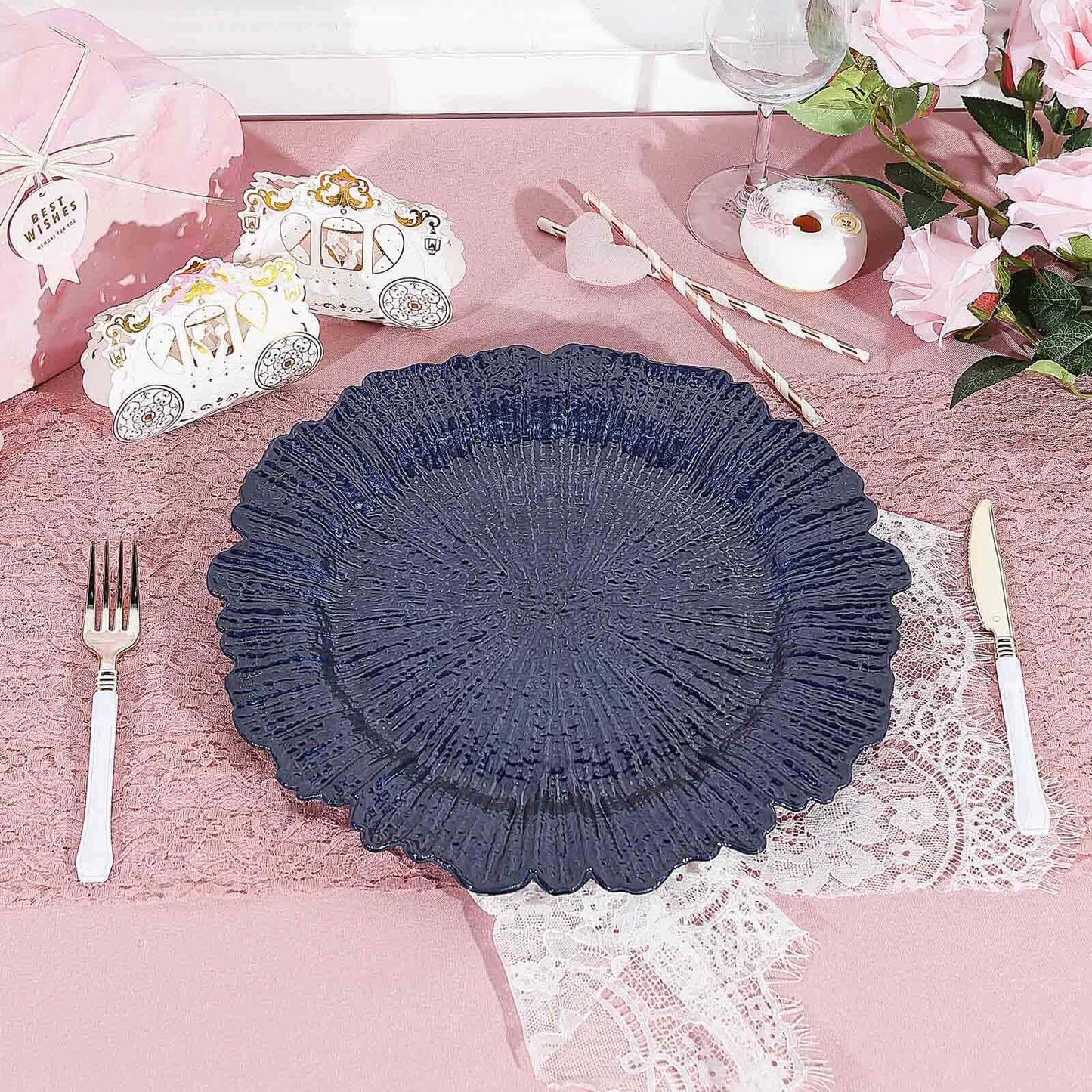 6 - Pack Acrylic Plastic Round Charger Plates 13" in Navy Blue with Reef Design, Dinner Charger Tableware - Linen Luxes