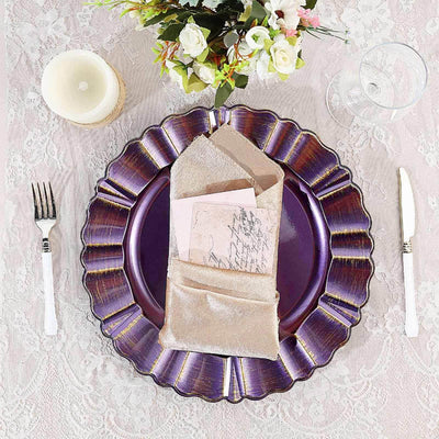 6 - Pack Acrylic Plastic Round Charger Plates 13" in Purple with Gold Brushed Wavy Scalloped Rim, Decorative Dinner Party Charger Tableware - Linen Luxes