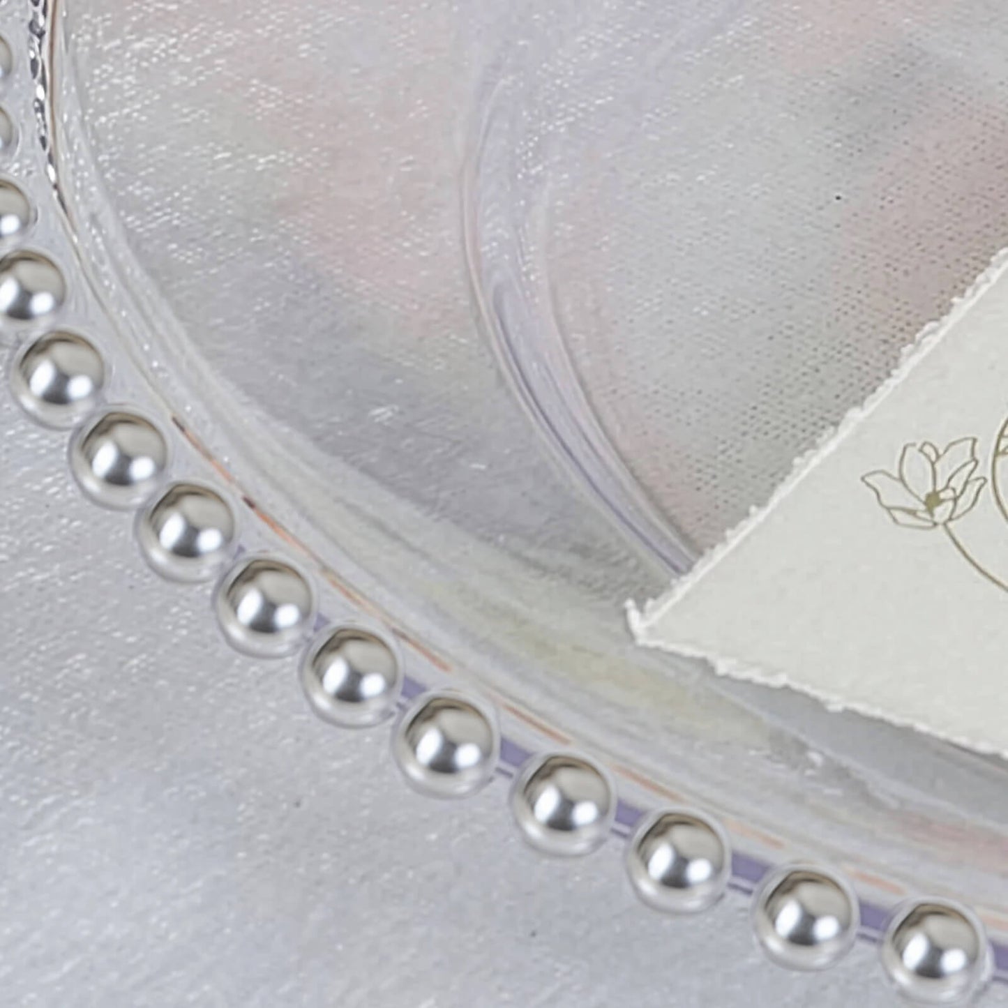 6 - Pack Acrylic Round Charger Plates 13" in Clear with Silver Beaded Rim, Decorative Dinner Party Serving Plates - Linen Luxes