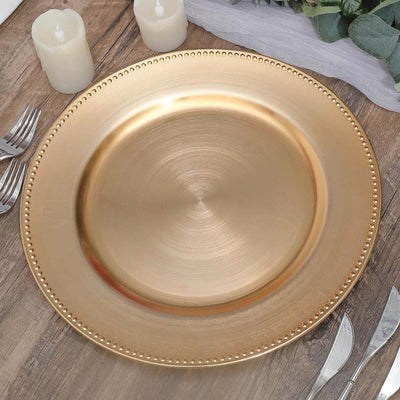 6 - Pack Acrylic Round Charger Plates 13" in Gold with Beaded Rim, Dinner Charger Event Tabletop Decor - Linen Luxes