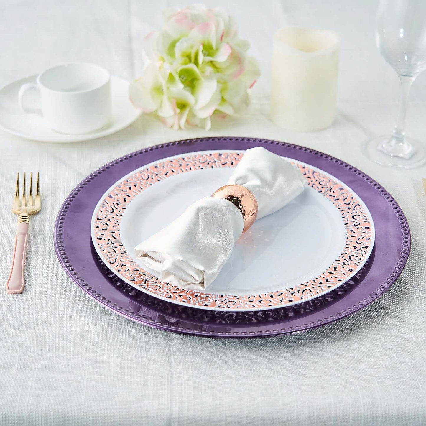 6 - Pack Acrylic Round Charger Plates 13" in Purple with Beaded Rim, Dinner Charger Event Tabletop Decor - Linen Luxes