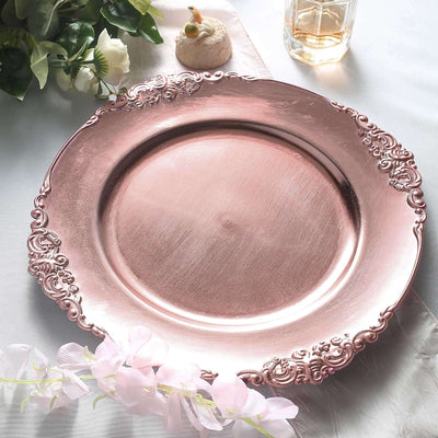 6 - Pack Acrylic Round Charger Plates 13" in Rose Gold with Embossed Baroque Rim, Antique Decorative Dinner Party Charger Tableware - Linen Luxes